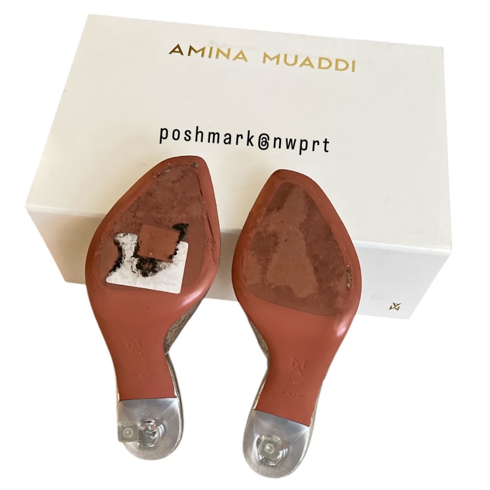 Amina Muaddi 💘 Alexa Glass 105 Transparent Clear Plexi PVC Sandals Heels 37 Box - Picture 9 of 15